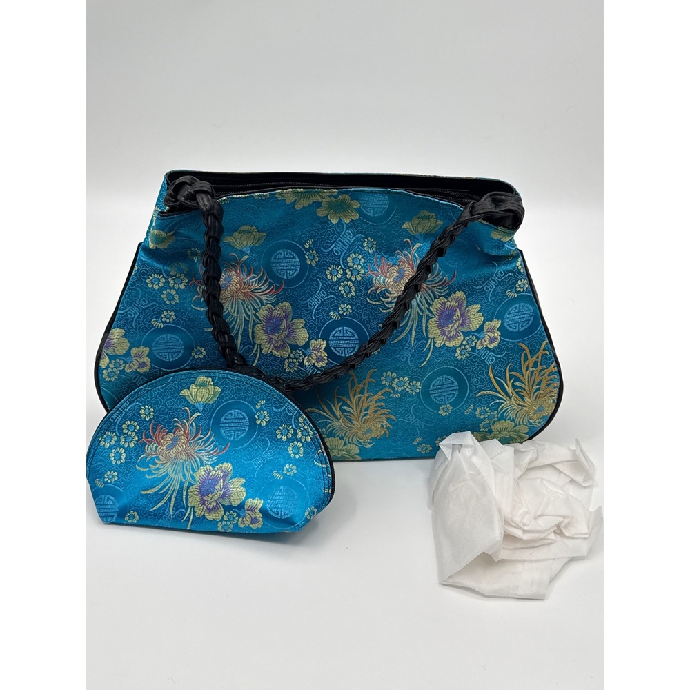 Turquoise Blue Satin Brocade Floral Handbag Set USA Braided Strap